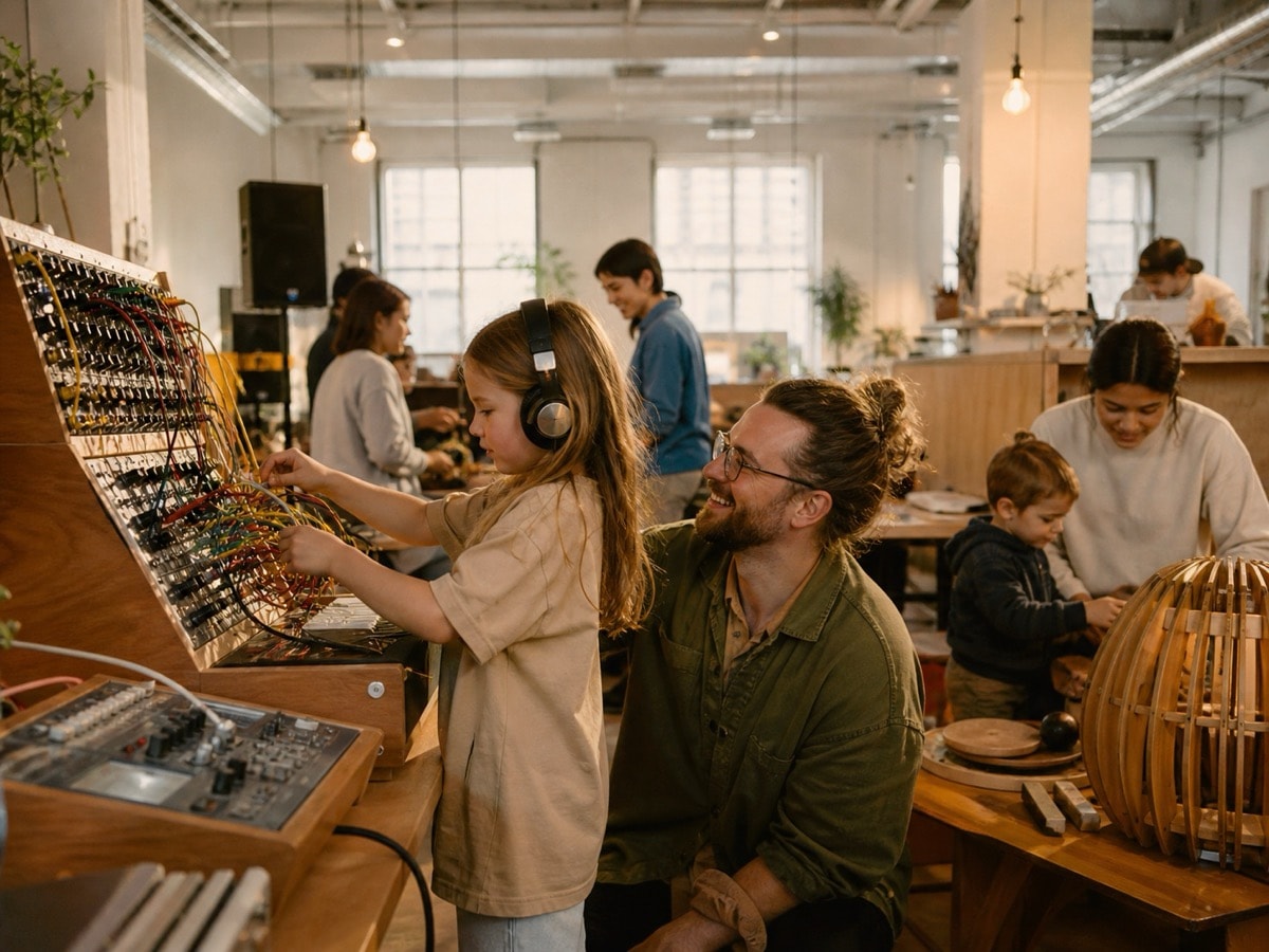 A child and parent experimenting with a modular synthesizer in a Berlin sound lab