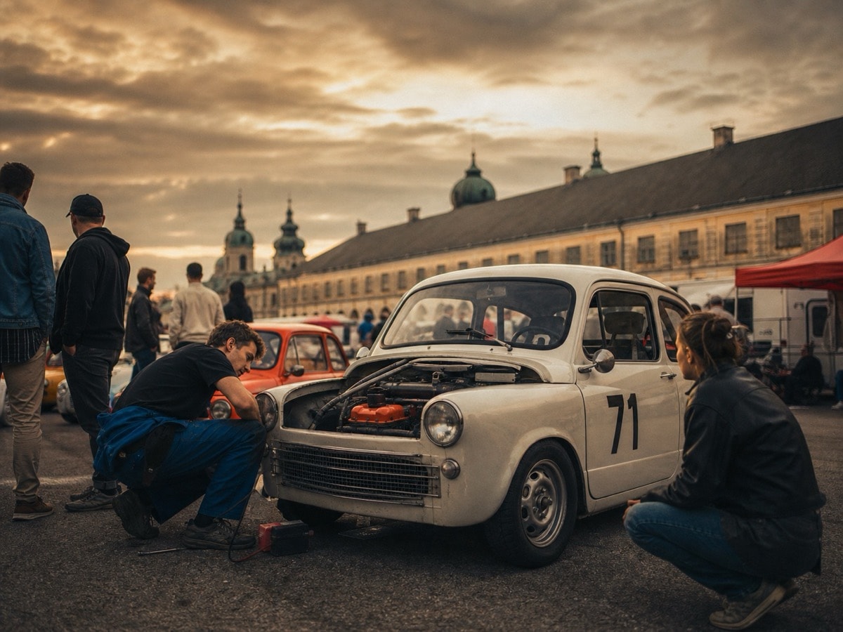 Mechanics preparing a compact historic race car in a Warsaw paddock