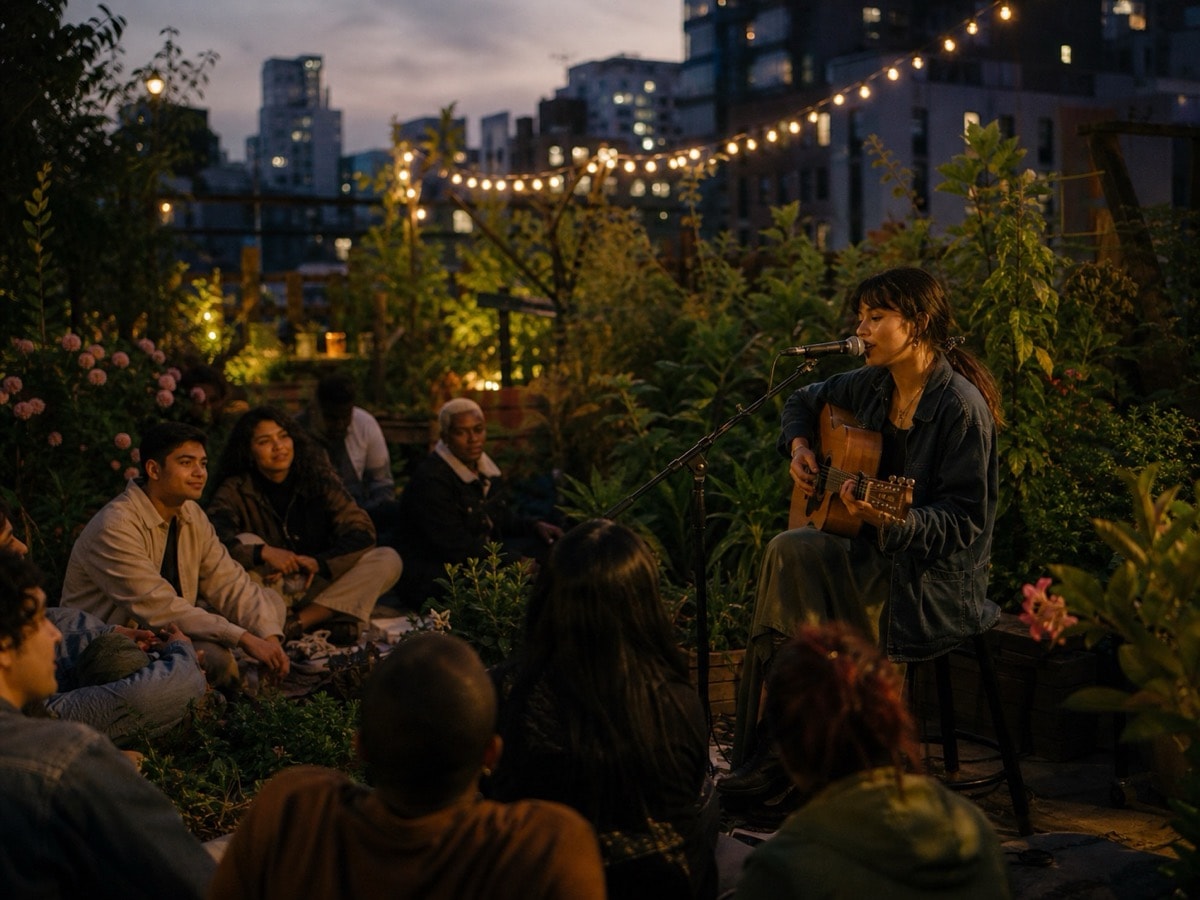 A musician playing an intimate acoustic set in a community garden