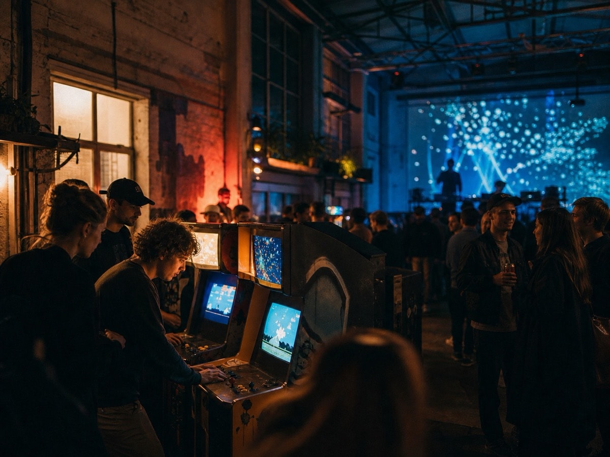 Players gathered around handmade arcade cabinets at a Warsaw electronic music night