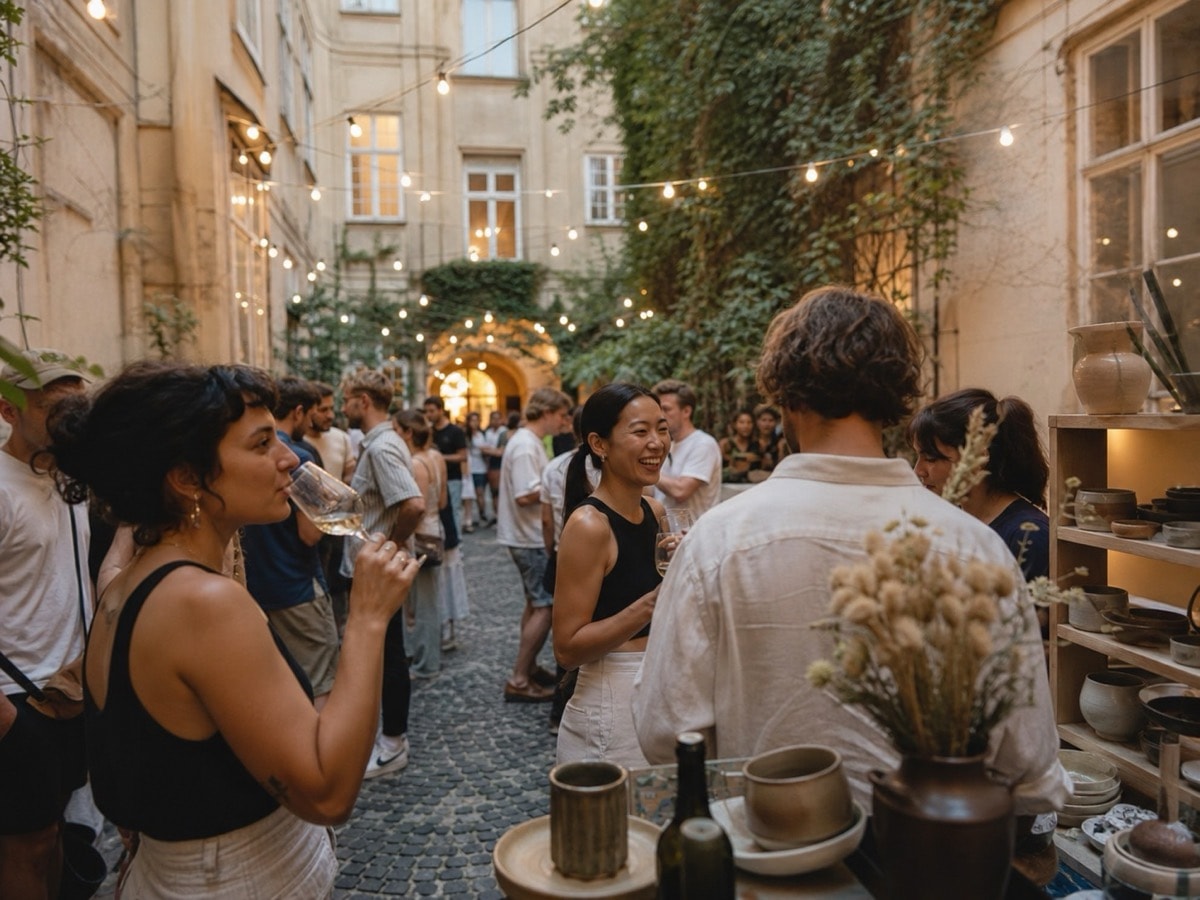People browsing ceramics and local goods at a courtyard event