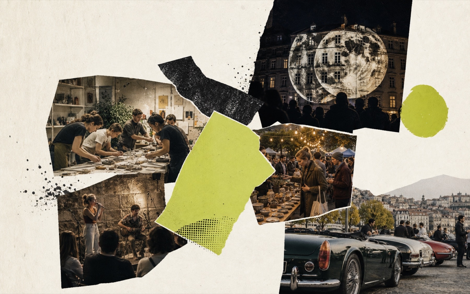 An editorial collage of small city events including workshops, performances, and markets