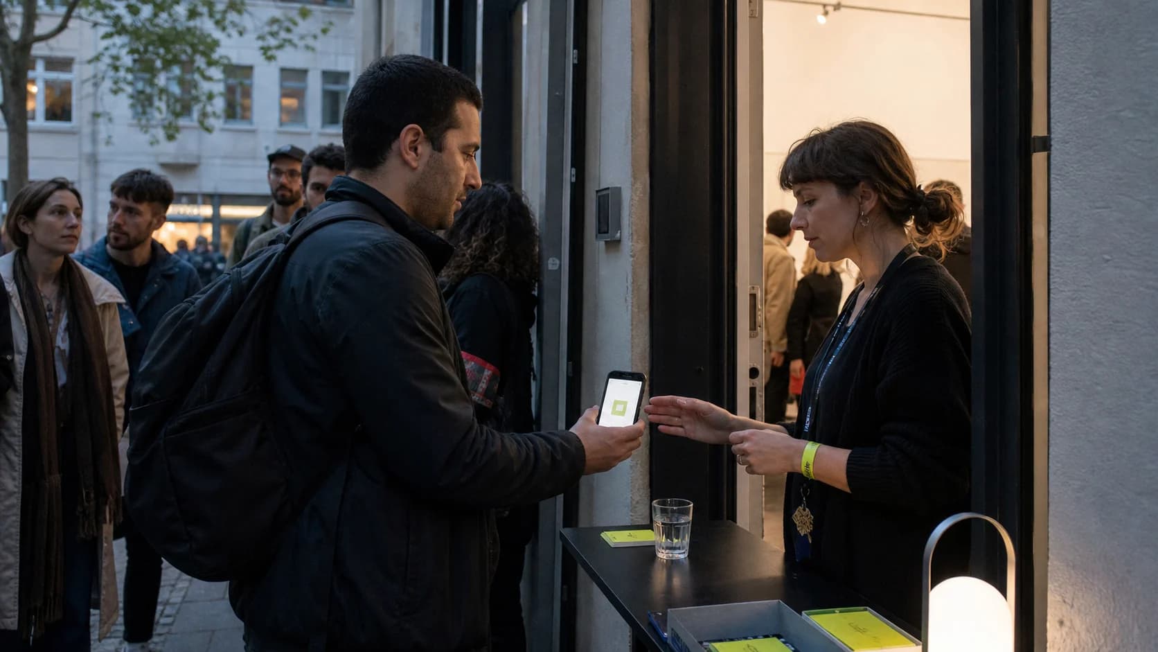 A guest showing a phone reservation at a small gallery event entrance